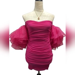 Pink off shoulder ruffle trim ruched mesh bodycon dress